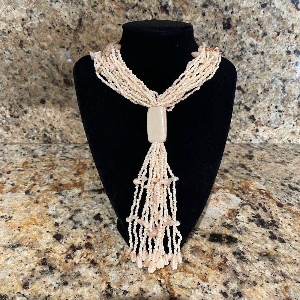 Vintage 15 strand seed & glass beads stone pendant